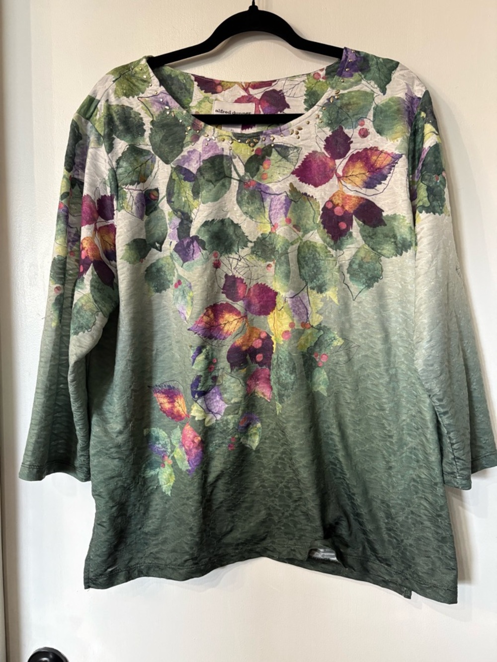 Alfred Dunner Green Ombre Floral 3/4 Sleeve Top with Multicolor Leaves
